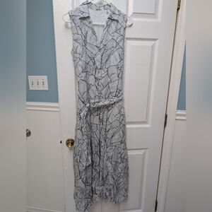 Elie Tahari 100% Linen Belted Collared Tropical Patterned Midi Dress Sz Small